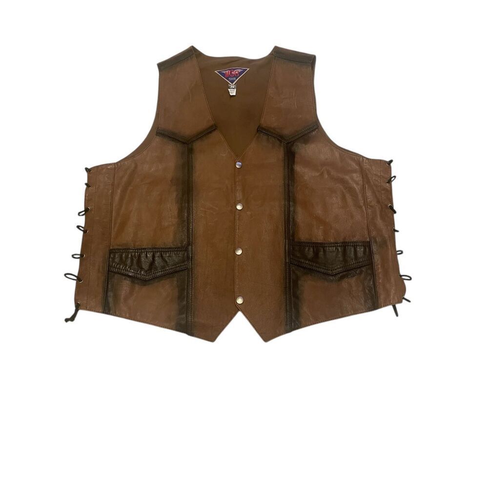 MOB Genuine Leather Biker Vest Button Lace Brown size 2X